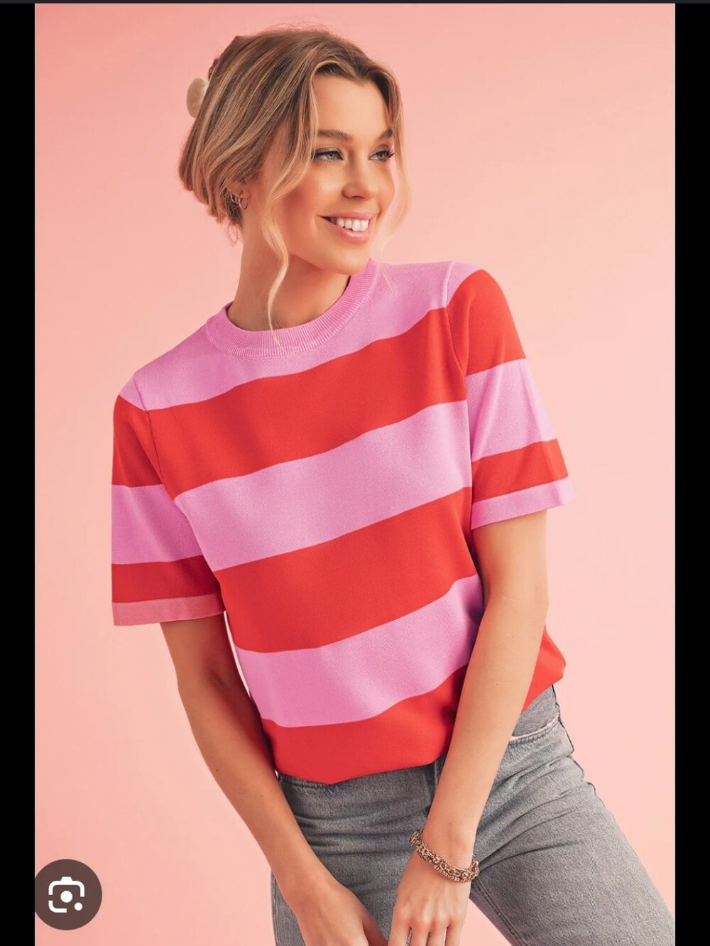 Striped Short-Sleeve Knit Top - Pink & Red